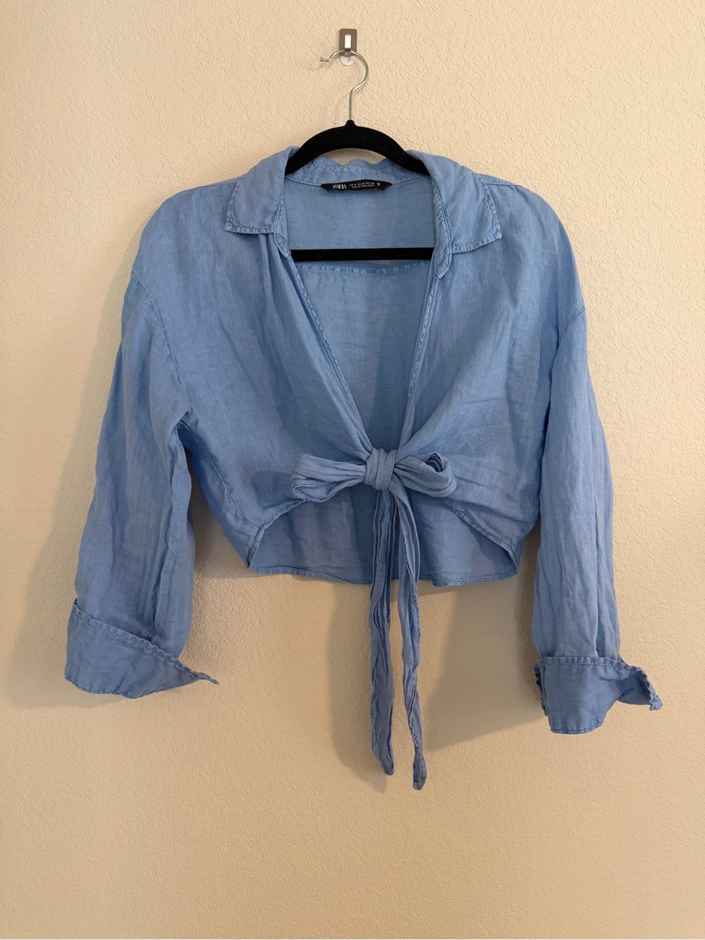 Zara Linen Blend Light Blue Tie-Front Cropped